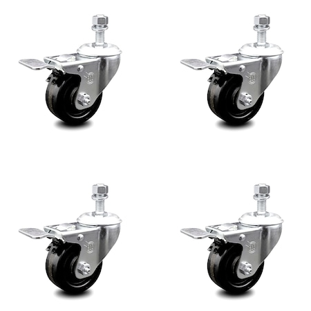 Service Caster 3.5 Inch Phenolic Swivel 1/2 Inch Threaded Stem Caster Set with Total Lock Brake SCC-TSTTL20S3514-PHR-121315-4